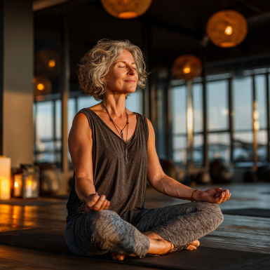 Пожилая женщина выполняет упражнения йоги в спокойной домашней обстановке